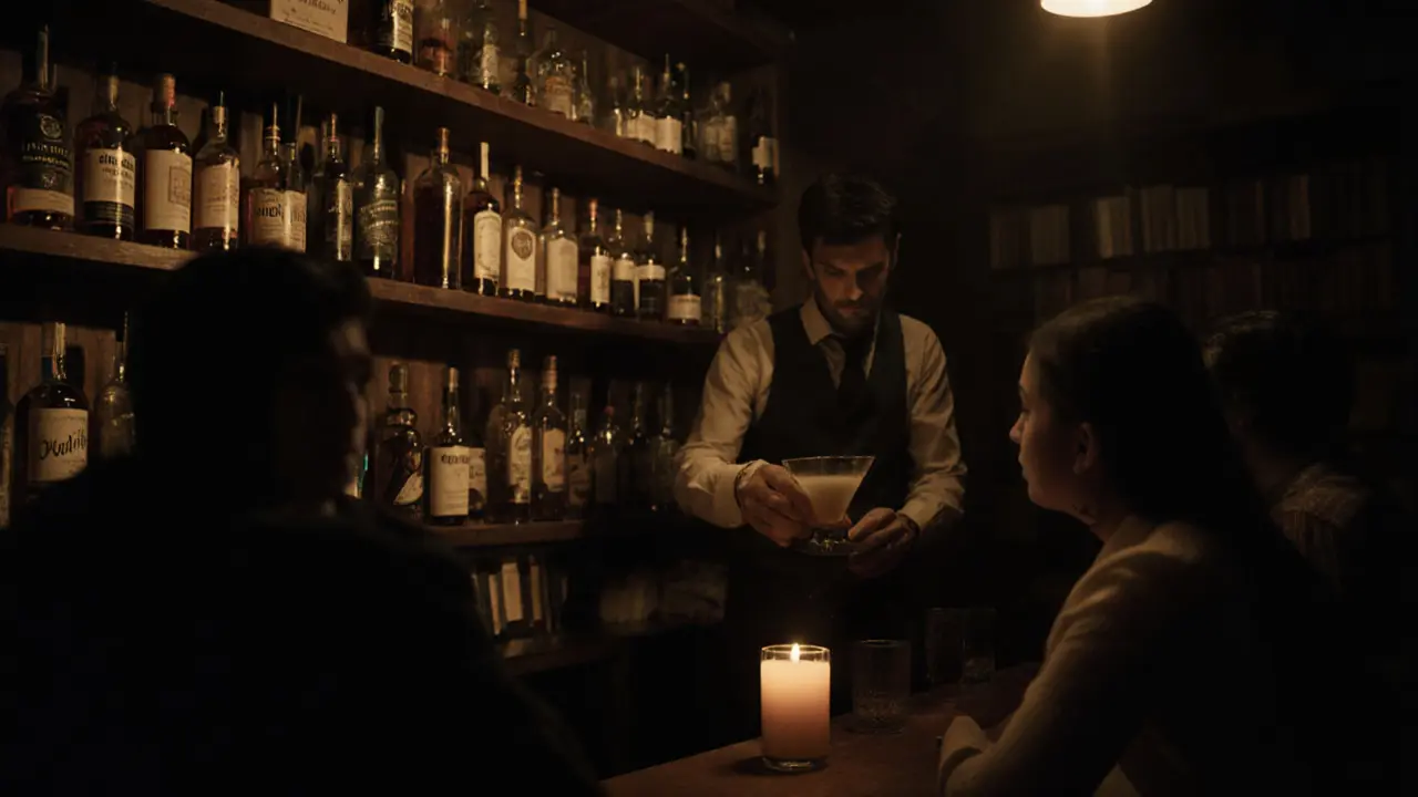 A hidden speakeasy basement with dim lighting, whiskey bottles, and a bartender crafting a secret cocktail.