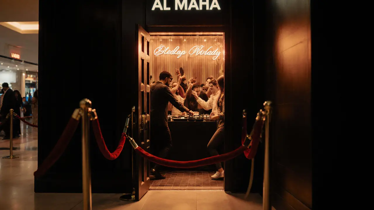 A hidden speakeasy entrance in a luxury mall with warm light spilling from inside.