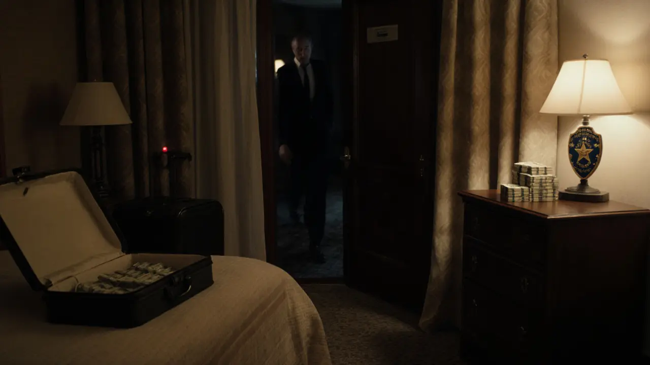 A hotel room with cash and a police badge, a shadowy figure leaving through the door.
