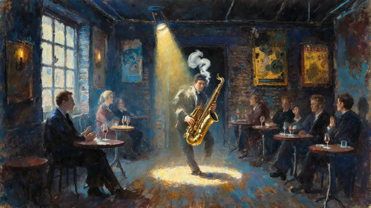 A jazz club basement in Montmartre with a lone dancer illuminated by spotlight, surrounded by intimate patrons.
