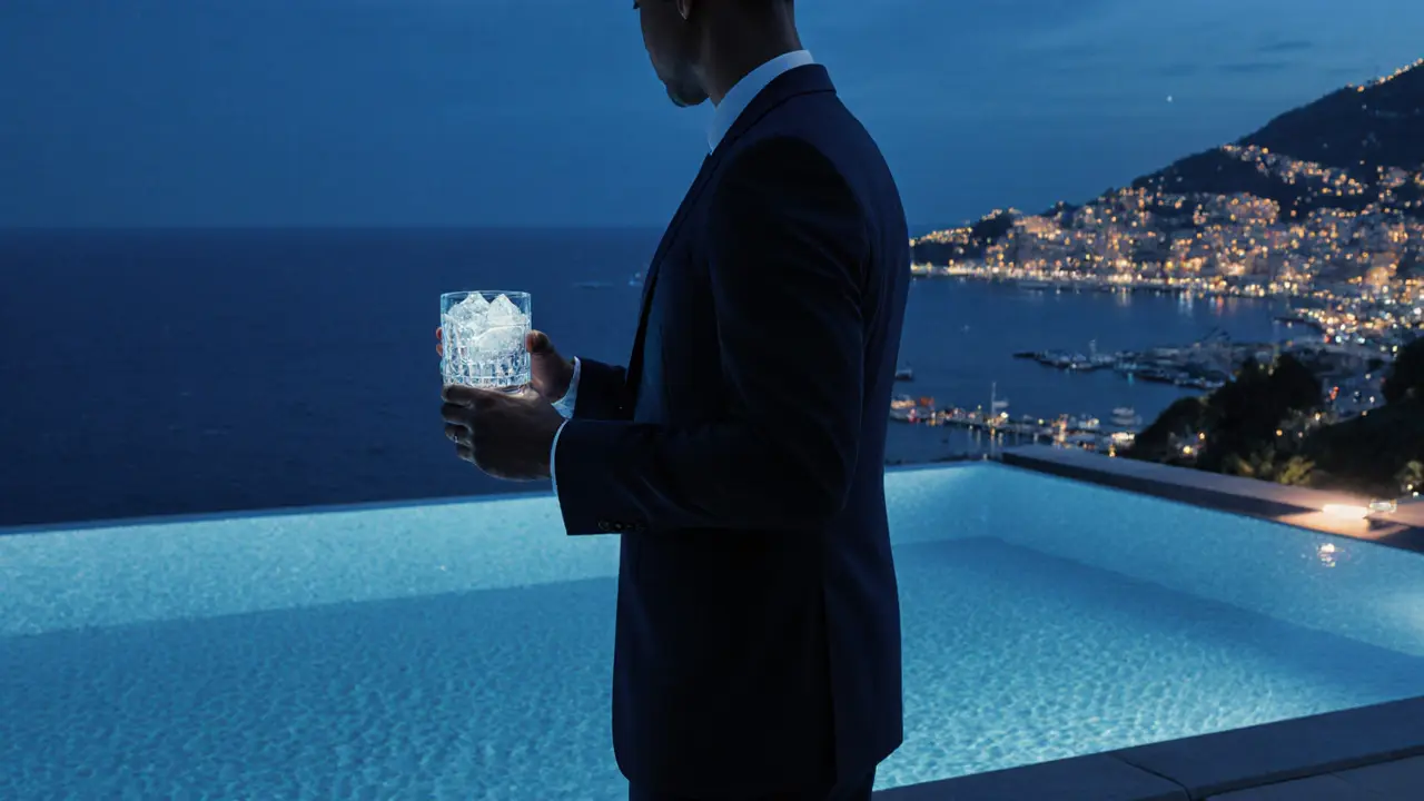 A lone figure on a rooftop terrace overlooking Monaco&#039;s harbor at night, glass in hand.