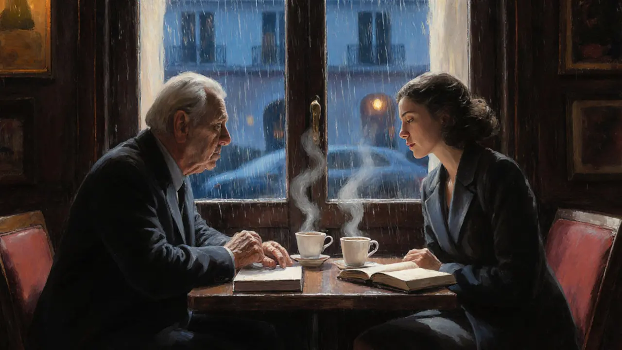 A man and woman share a quiet moment in a Parisian café at twilight, books on the table.