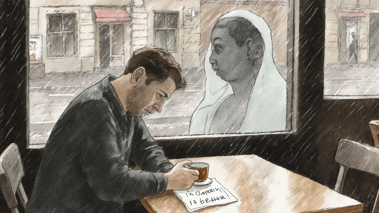 A man sits alone at a café, a handwritten note on a napkin beside his tea, the ghostly image of a woman reflected in the rainy window.