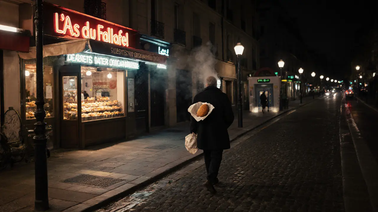 A person walking down a quiet Paris street at night, holding a falafel wrap under soft streetlights.