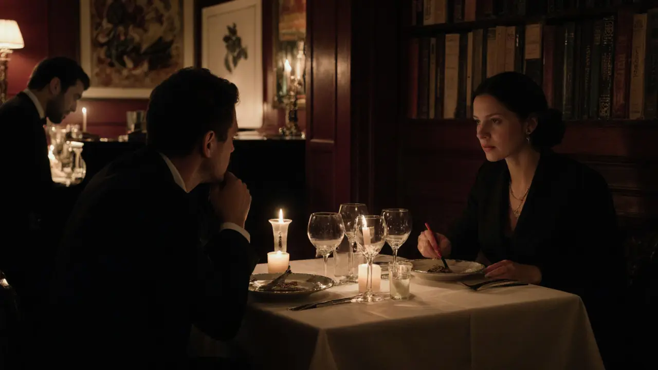 A private dinner at an exclusive Paris restaurant, candlelight illuminating elegant silhouettes and fine dining.