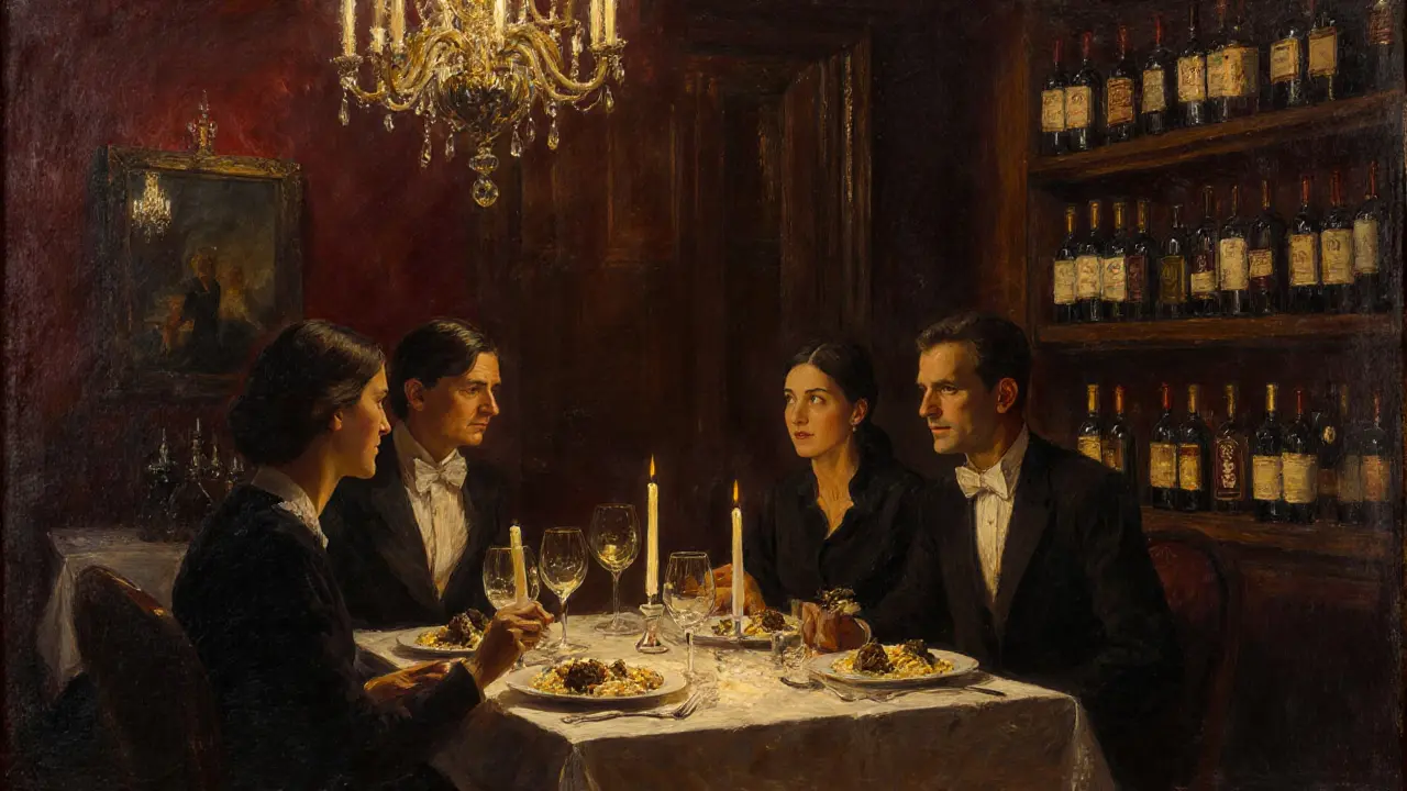 A private dinner with a companion and couple sharing risotto in a candlelit hidden trattoria.