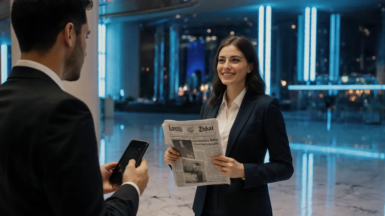 A professional woman showing a newspaper to a man in a hotel lobby, symbolizing verification and trust.