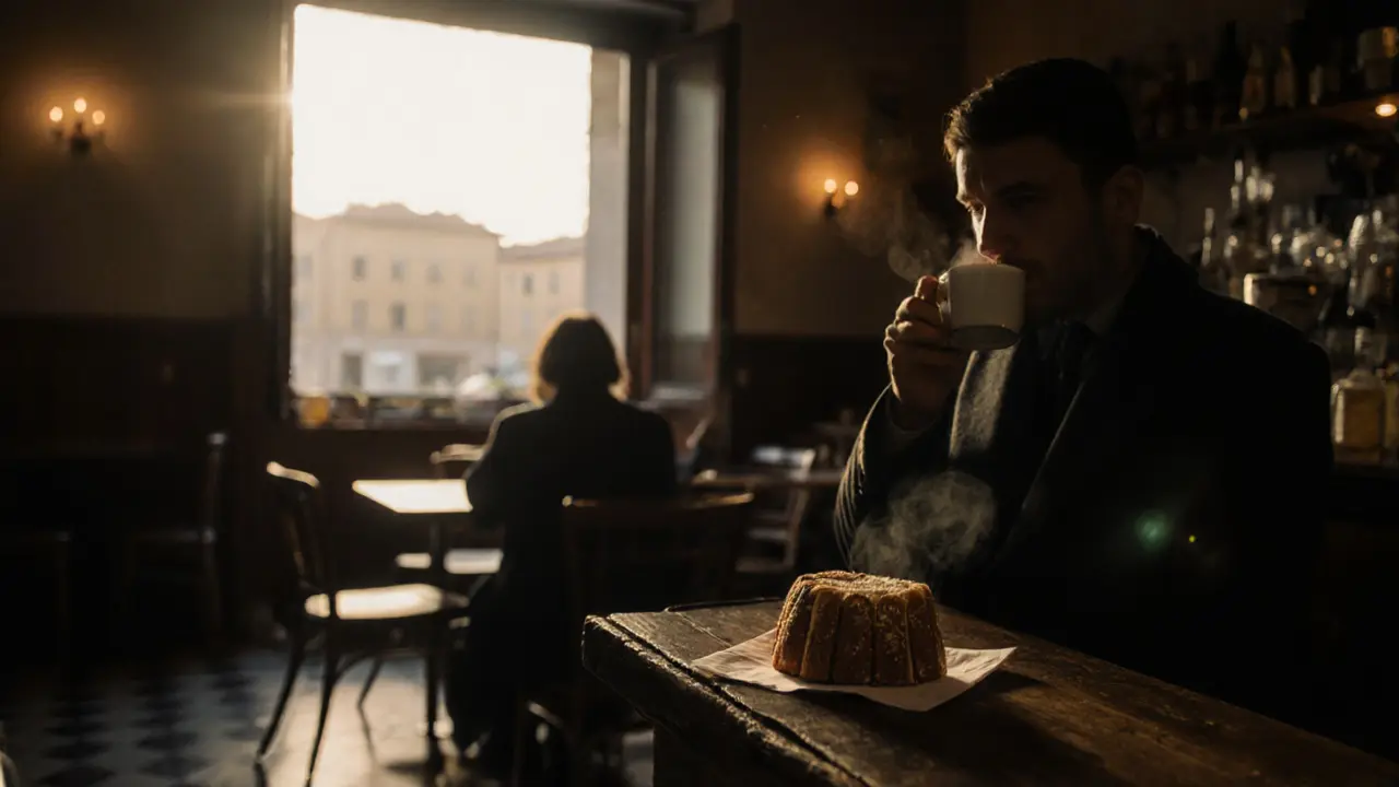 A quiet morning scene at Bar Beppe with someone drinking espresso and eating panettone at dawn.