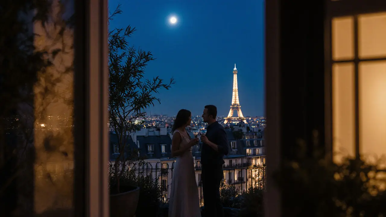 A quiet rooftop terrace at night with the Eiffel Tower glowing in the distance.