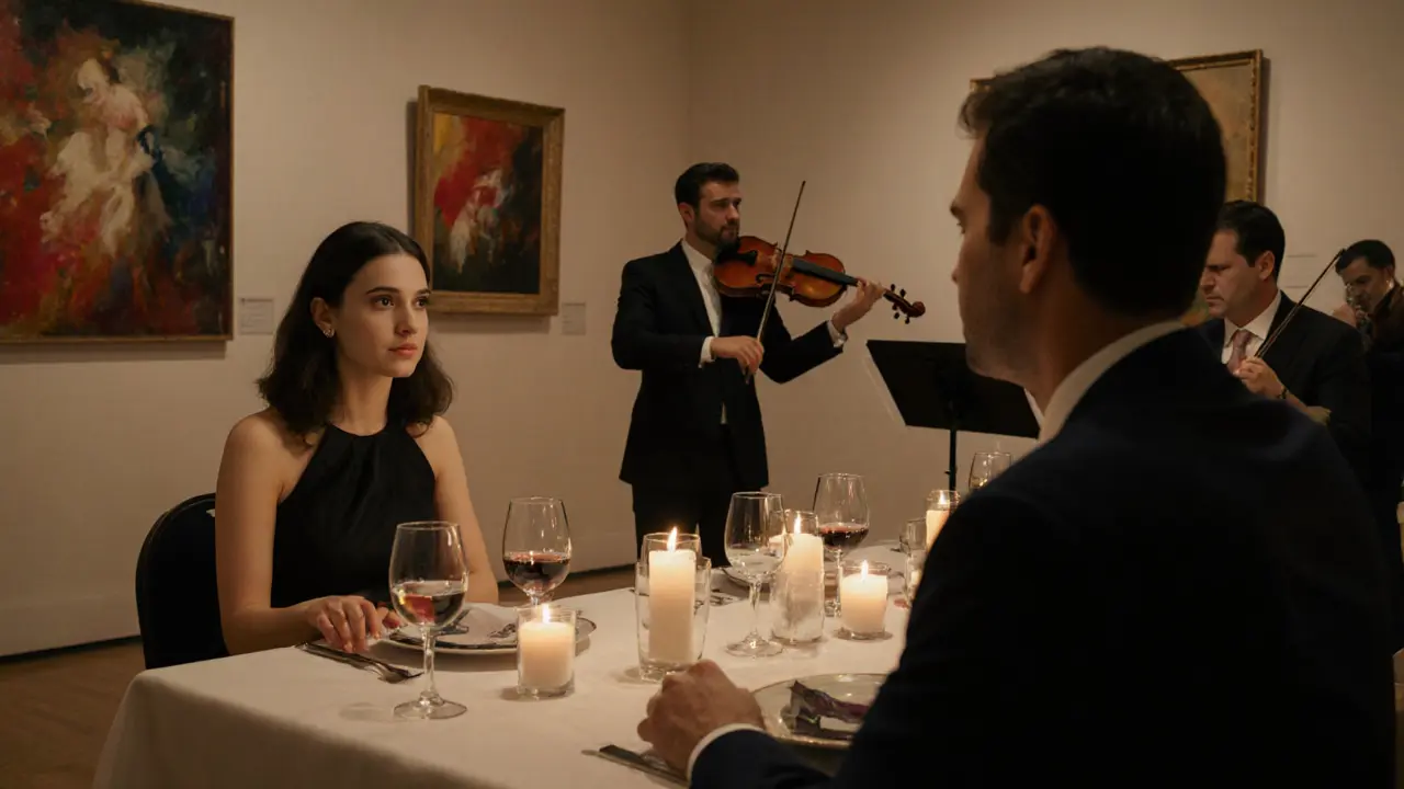A refined dinner in an art gallery with a woman in elegant attire and a client, soft candlelight, no technology visible, classical music in background.