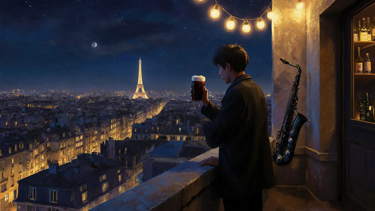 A rooftop bar in Belleville at night with a stunning view of Paris lights, a person holding a beer as the city glows below.
