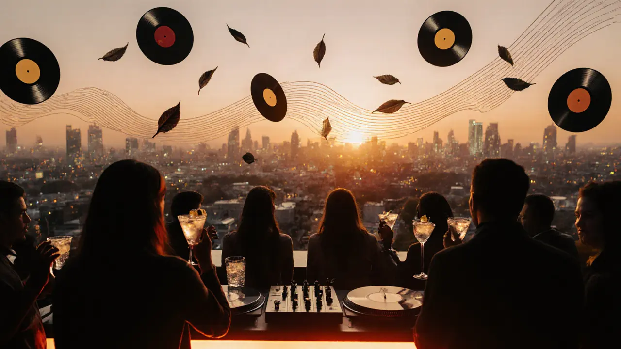 A rooftop bar in Peckham at sunrise with people drinking gin and tonics as city lights fade into dawn.