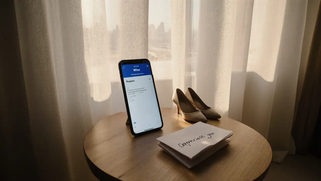 A smartphone showing a digital transfer and a simple note on a quiet apartment table.