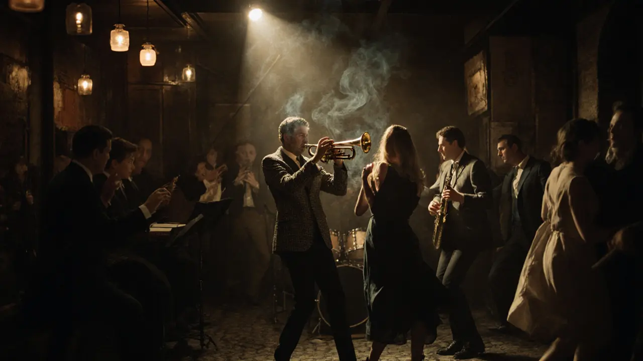 A smoky jazz club with dancers moving to live swing music under vintage pendant lights.
