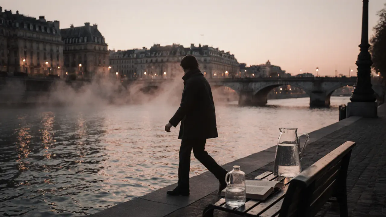 A solitary figure walking by the Seine at sunrise, city lights fading as Paris awakens in quiet beauty.