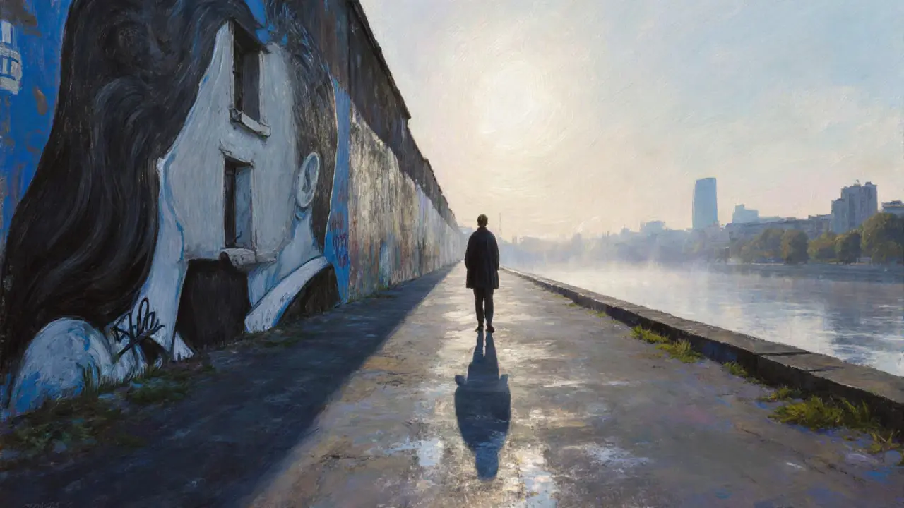 A solitary person standing before the East Side Gallery at sunrise, mist rising along the river.