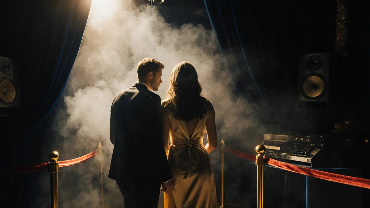 A sophisticated couple entering a sleek nightclub past a velvet rope, dim lighting, no casual attire.