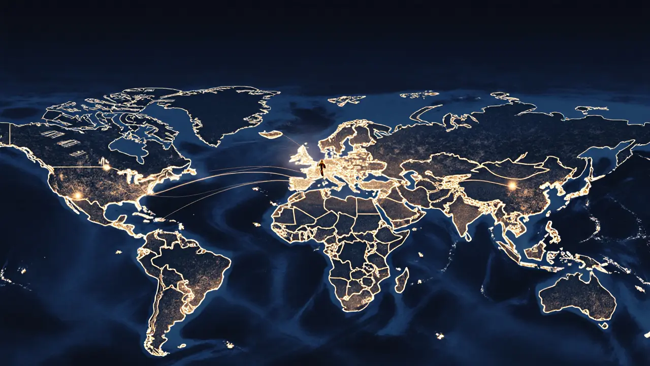 A surreal map of Abu Dhabi reveals hidden local spots connected by glowing threads to a solitary traveler.