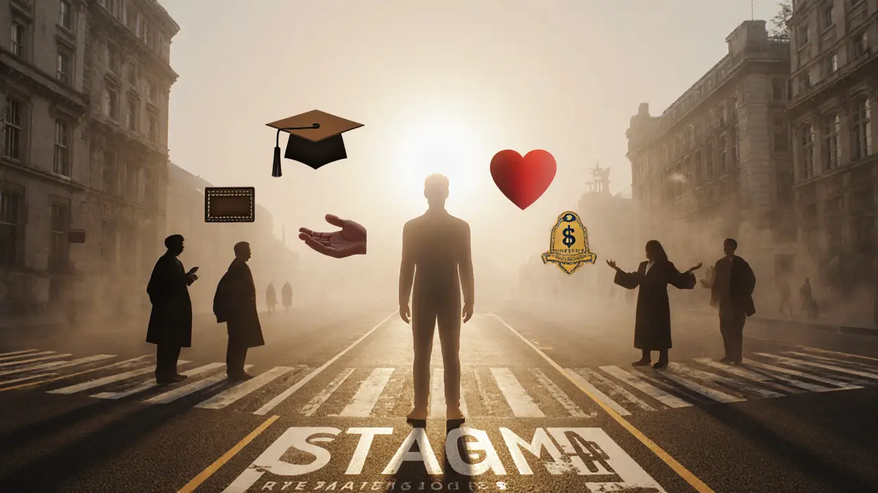 A symbolic figure at a crossroads in London, one path of stigma, the other of recognition and dignity.