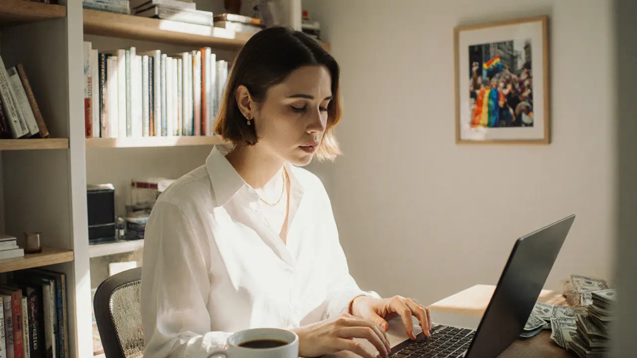 A trans escort smiles while organizing client reviews in her sunlit Berlin apartment, surrounded by queer art.