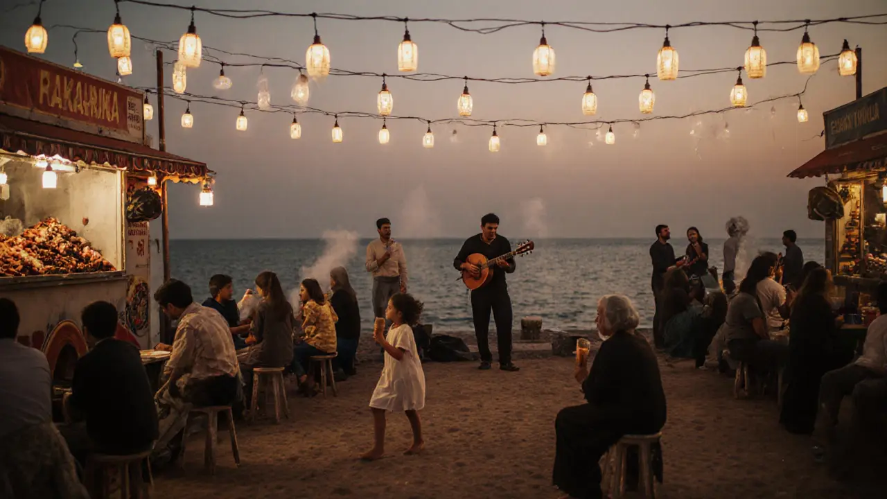 A vibrant Friday night market at Al Qana with food trucks, live oud music, and families enjoying the evening.