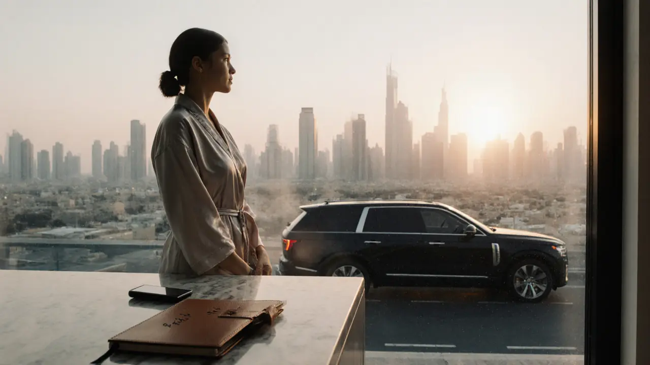 A woman in a silk robe beside a burner phone and crypto wallet in a minimalist Dubai apartment at dawn, city skyline visible through window.
