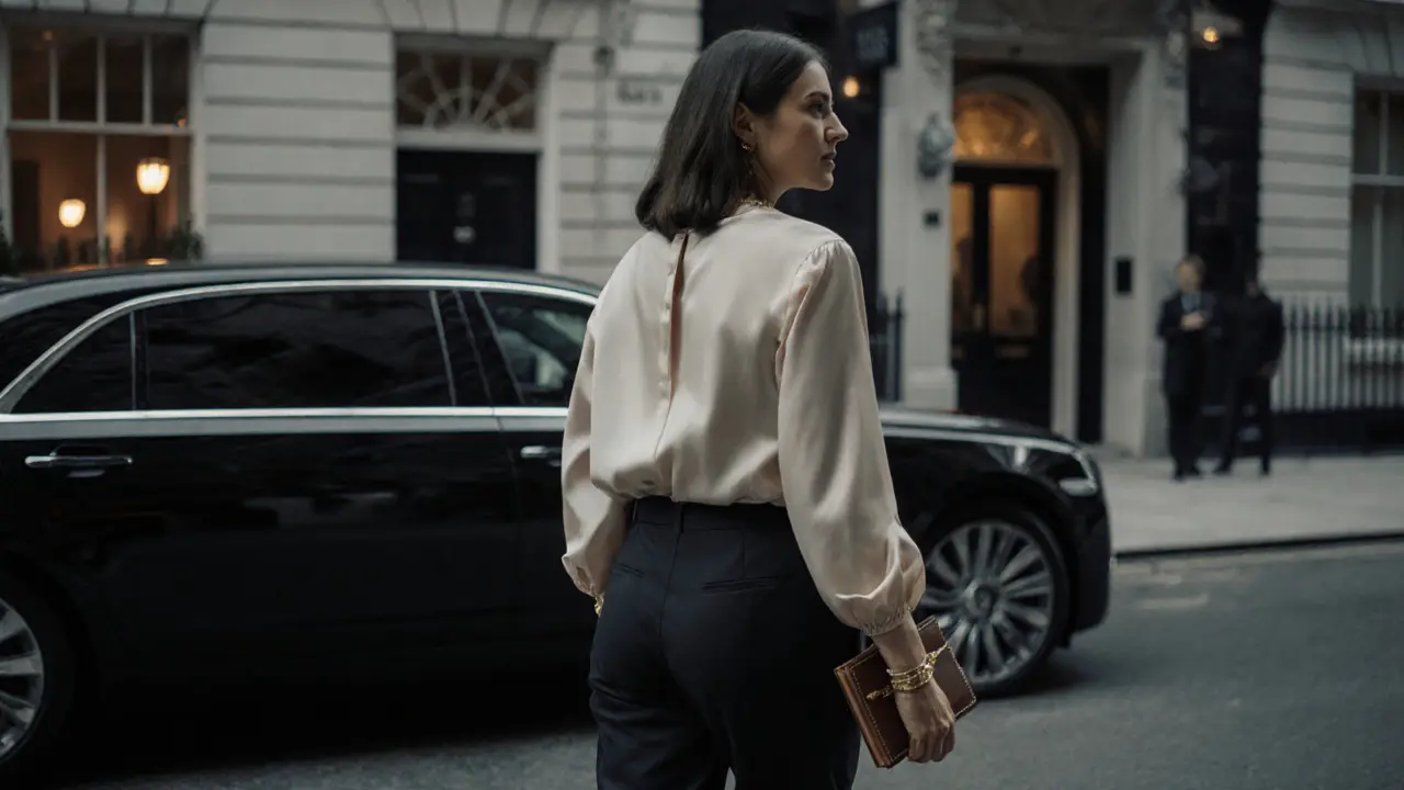 A woman in bohemian-chic attire walking toward a private art gallery, a black sedan waiting discreetly behind her.