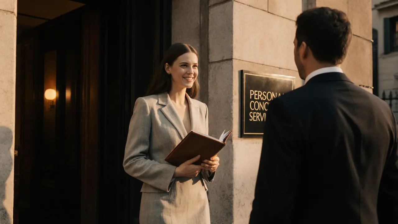 A woman in elegant attire walks with a client toward a luxury hotel in Brera, engaging in calm conversation at dusk.