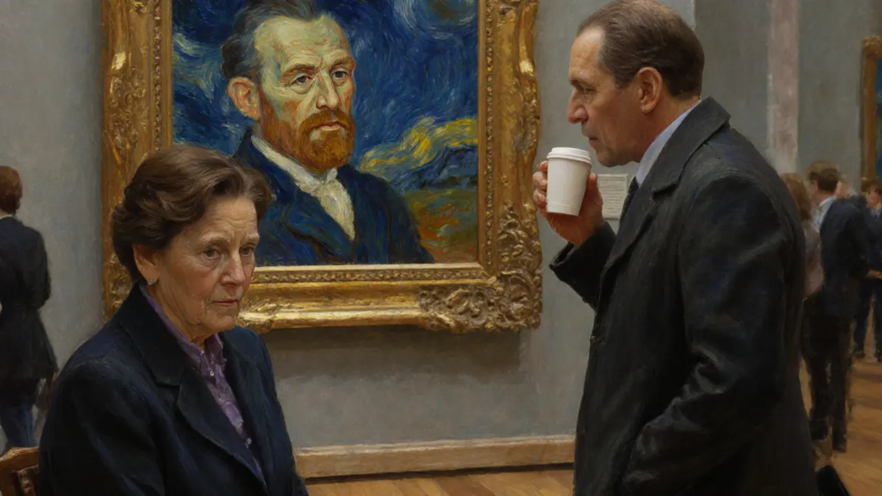 A woman sits before a Van Gogh painting, tears in her eyes, as a calm companion sips coffee nearby.