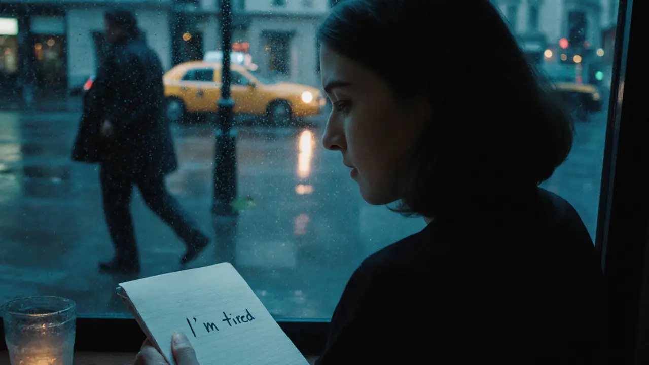 A woman smiling at her notebook in a rainy London café, warm light glowing against wet windows.