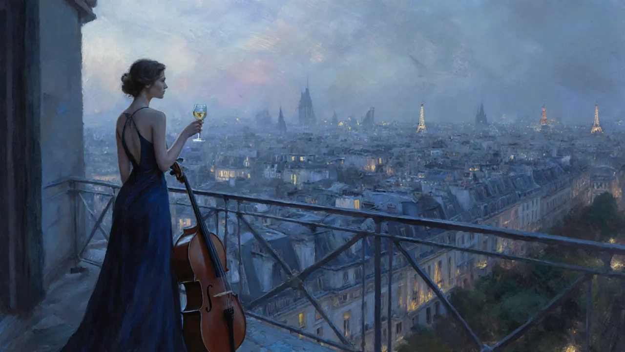 A woman stands on a rooftop terrace at twilight, overlooking Paris&#039;s glowing skyline with a cello nearby.