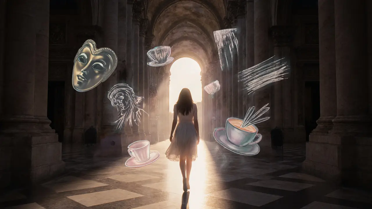 A woman walking through the empty Duomo at dawn, surrounded by floating cultural symbols of Milan.