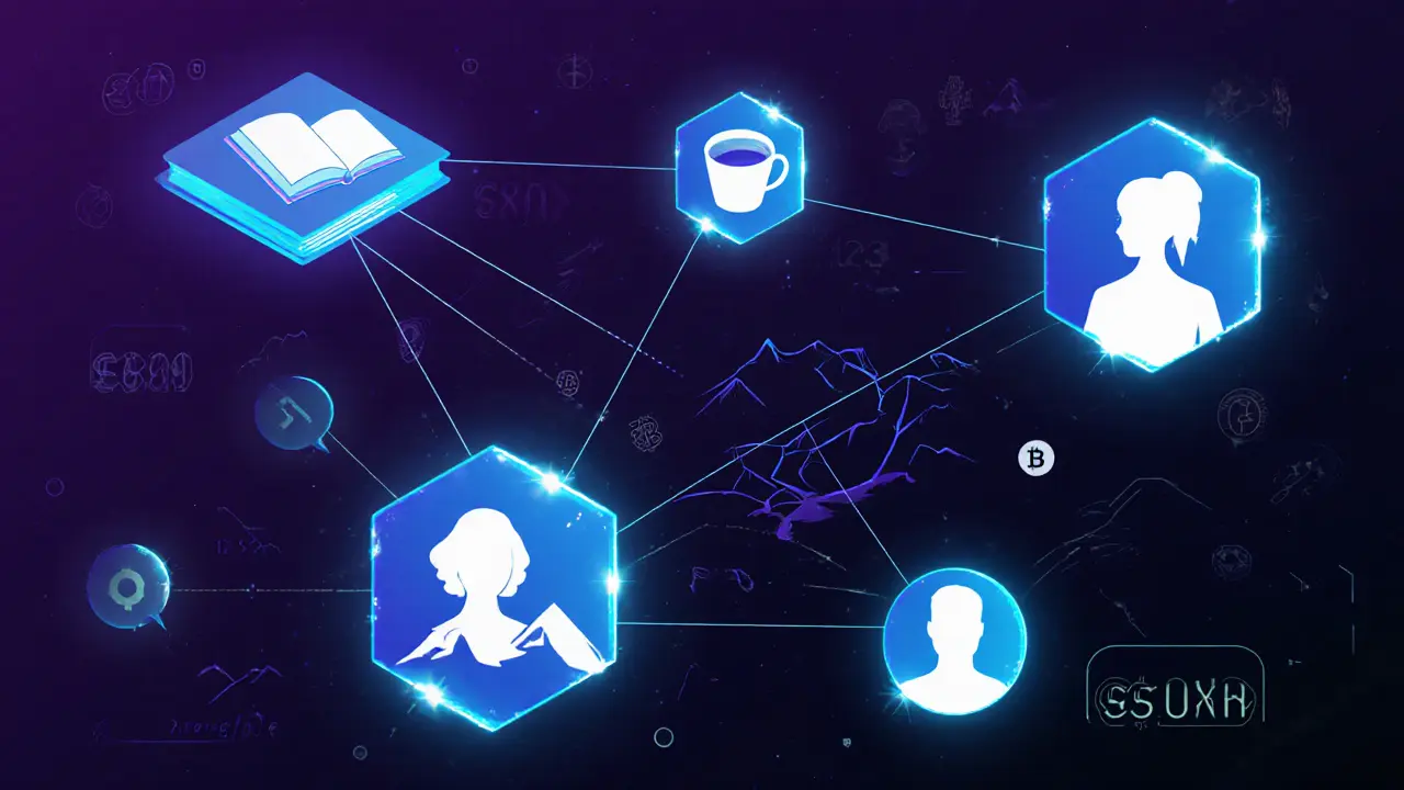 Abstract digital network of interests and diverse companion profiles connected by glowing threads in a futuristic interface.