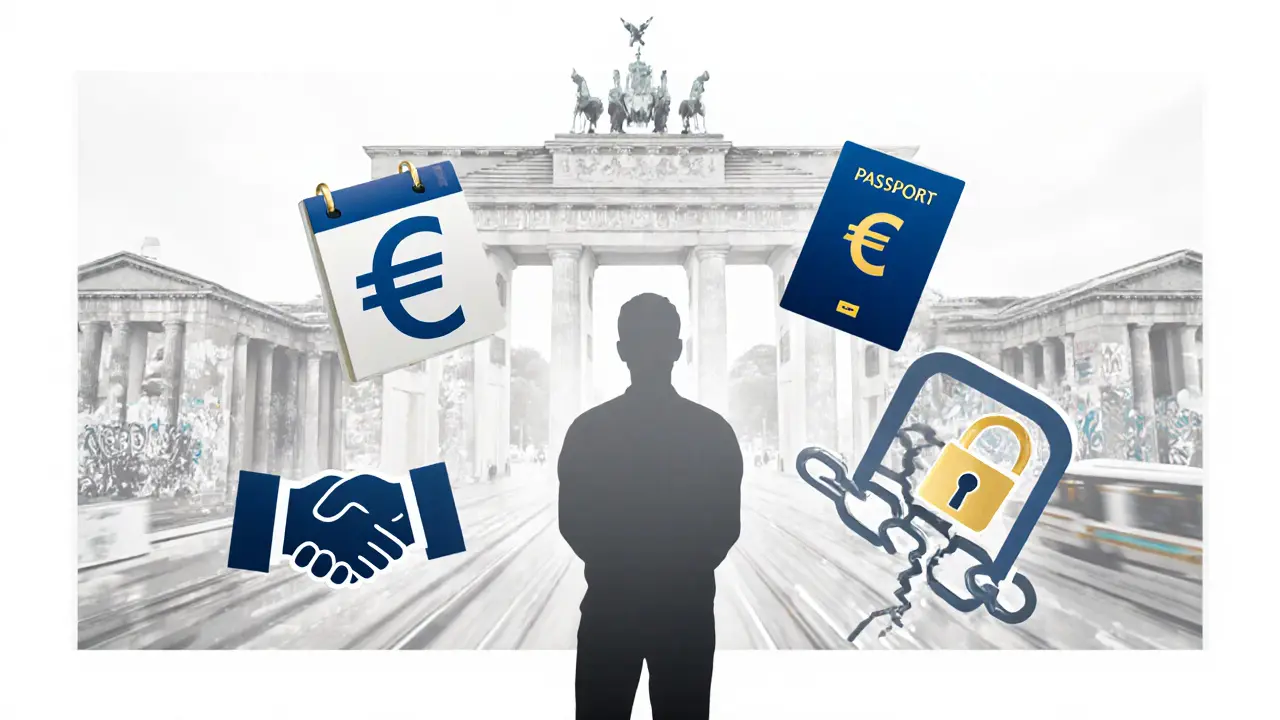 Abstract symbols representing legality, boundaries, and transit in Berlin: passport, euro, calendar, handshake, and broken chain.