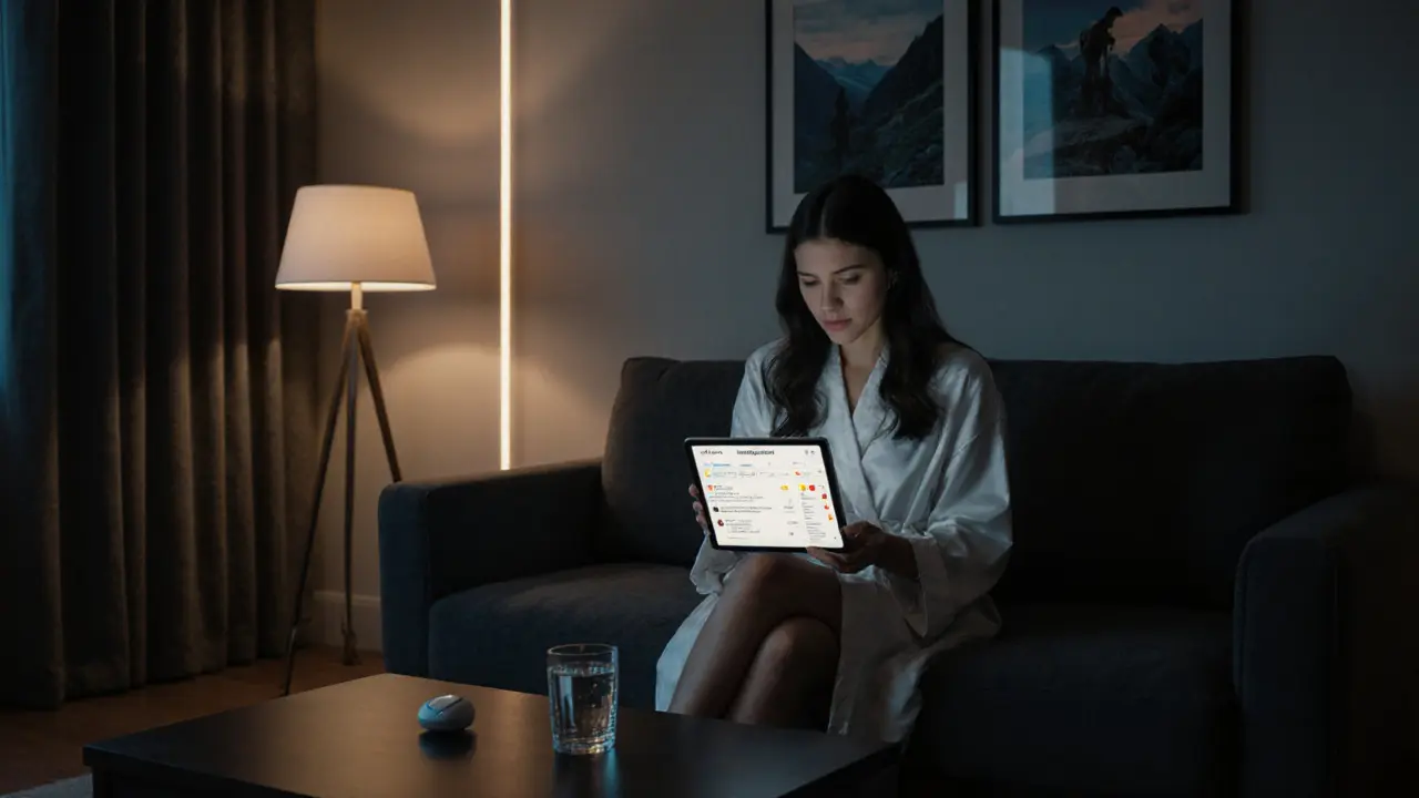 An escort reviewing client safety protocols in a well-lit apartment, surrounded by personal mementos and emergency tools.
