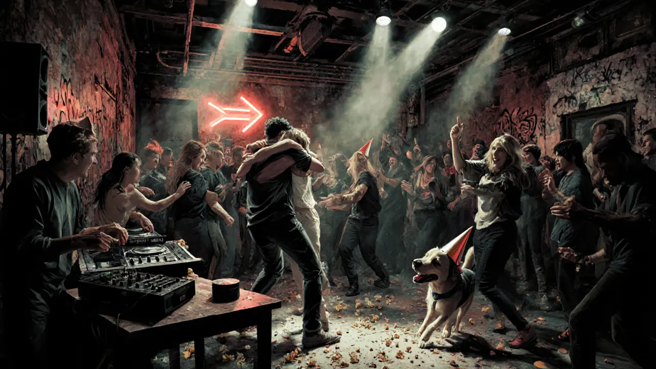 An underground warehouse party in Shoreditch with strobe lights, a dancing dog, and a neon arrow glowing on the wall.