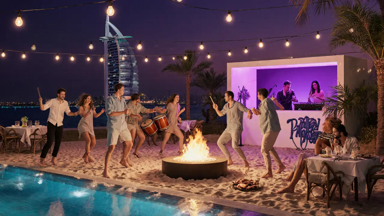 Beach party at The Beach House with dancing guests, fire pit, and Burj Al Arab in background.