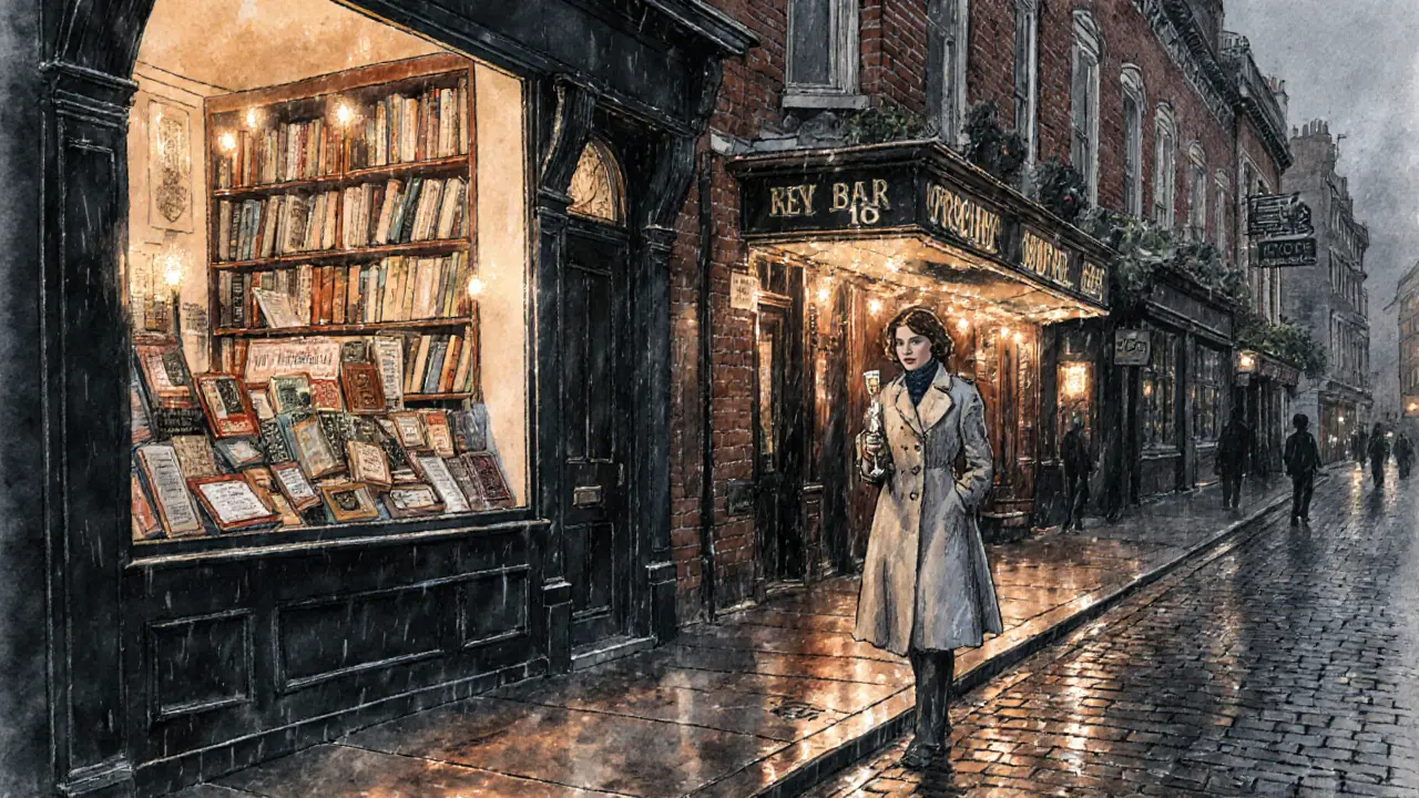 Candlelit bookshop in Notting Hill at night, woman in vintage coat stepping out with Prosecco, warm glow on rainy cobblestones.