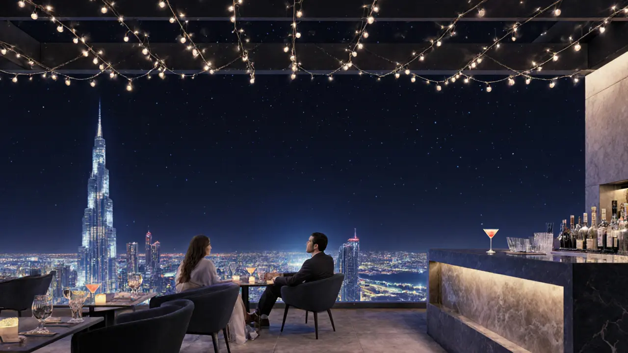 Couples at Octave Rooftop Lounge under fairy lights, distant Burj Khalifa glowing in the night sky.
