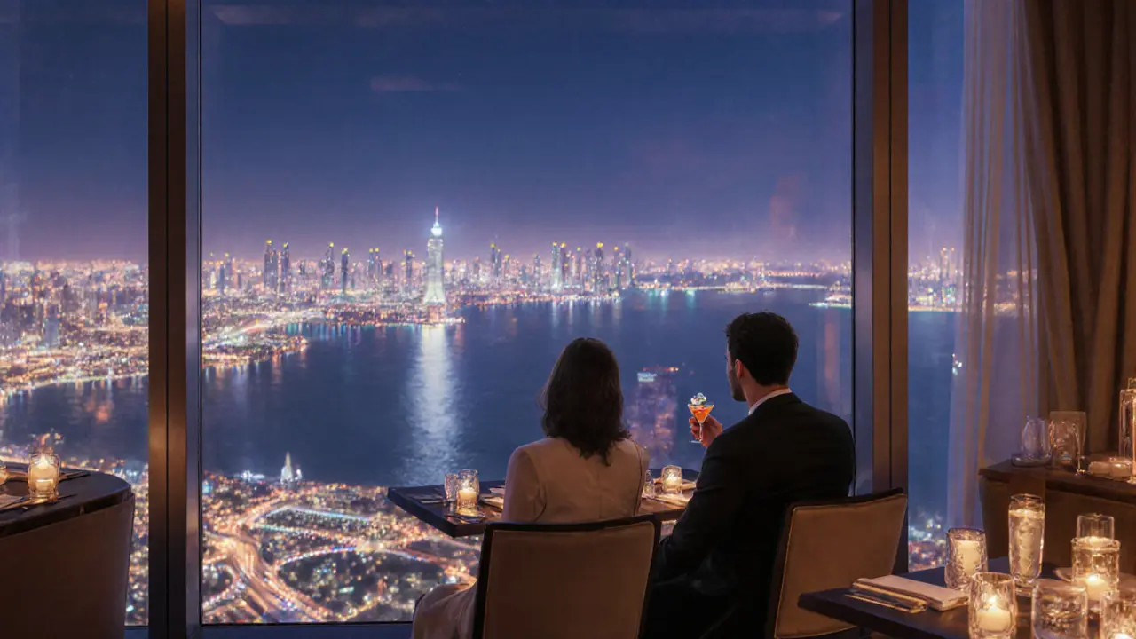 Couples sipping cocktails with a breathtaking view of Abu Dhabi’s skyline from a rooftop lounge.