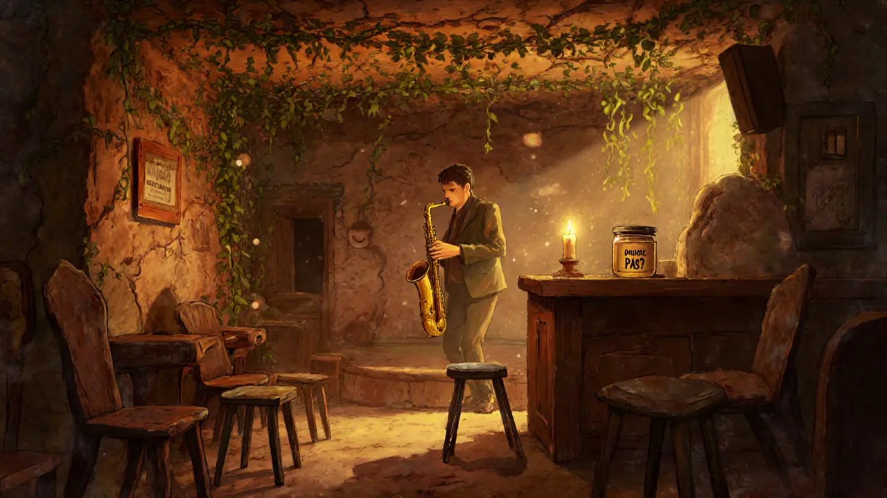 Cozy underground jazz cellar with candlelight, mismatched chairs, and a musician playing saxophone.