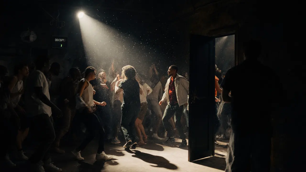 Crowd dancing in a dark industrial warehouse nightclub with pulsing bass and dim spotlight.