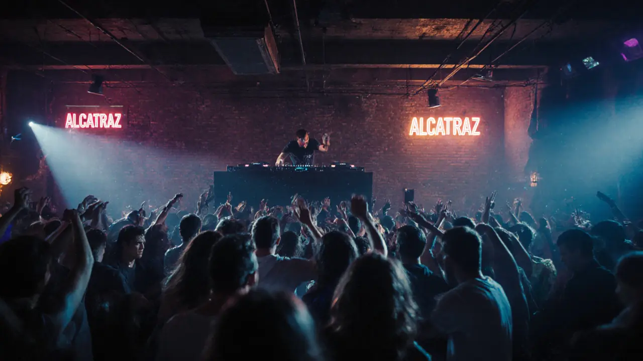 Crowd dancing in a dimly lit industrial nightclub in Milan with neon lights and strobe effects.