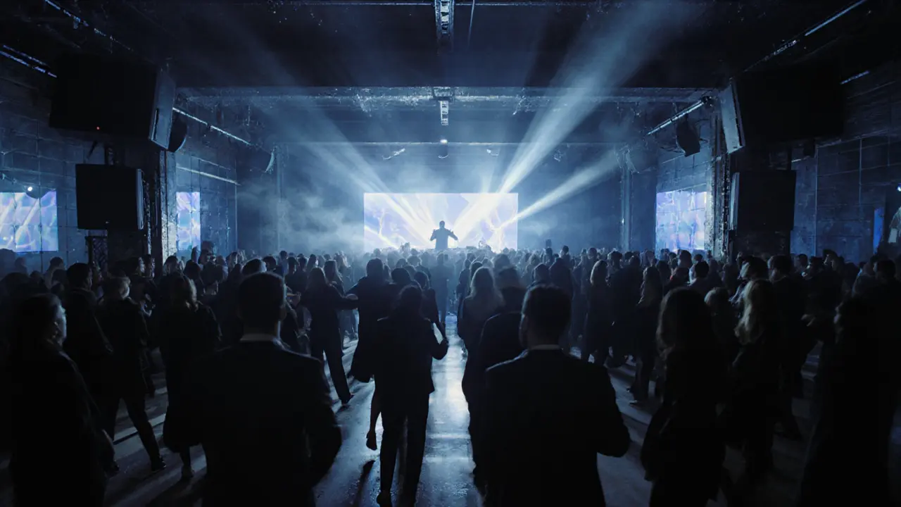 Crowd dancing in a stylish industrial club under pulsing neon lights in Milan.