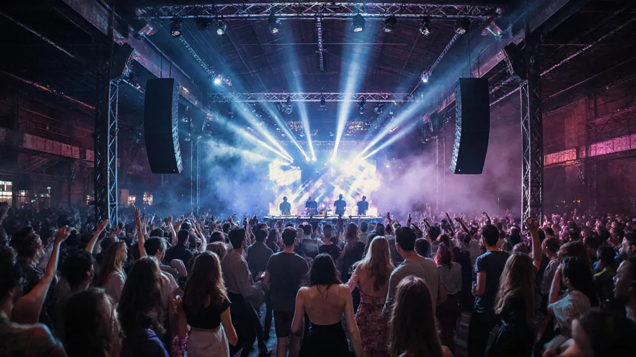 Crowd dancing in a vast industrial club with neon lights and towering speakers, vibrant energy under industrial ceilings.