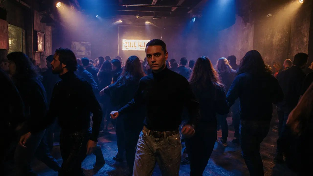 Crowd dancing in an industrial nightclub with deep lighting and sound vibrations echoing off concrete walls.