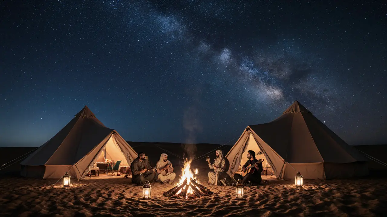Desert camp under stars with lantern-lit tents, bonfire, and guests enjoying tea and live Arabic music.