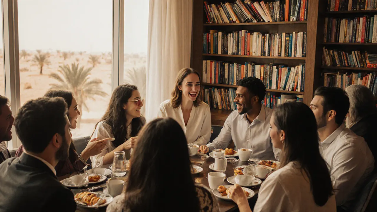 Diverse group of expats socializing in a sunlit lounge, sharing coffee and laughter in Abu Dhabi.
