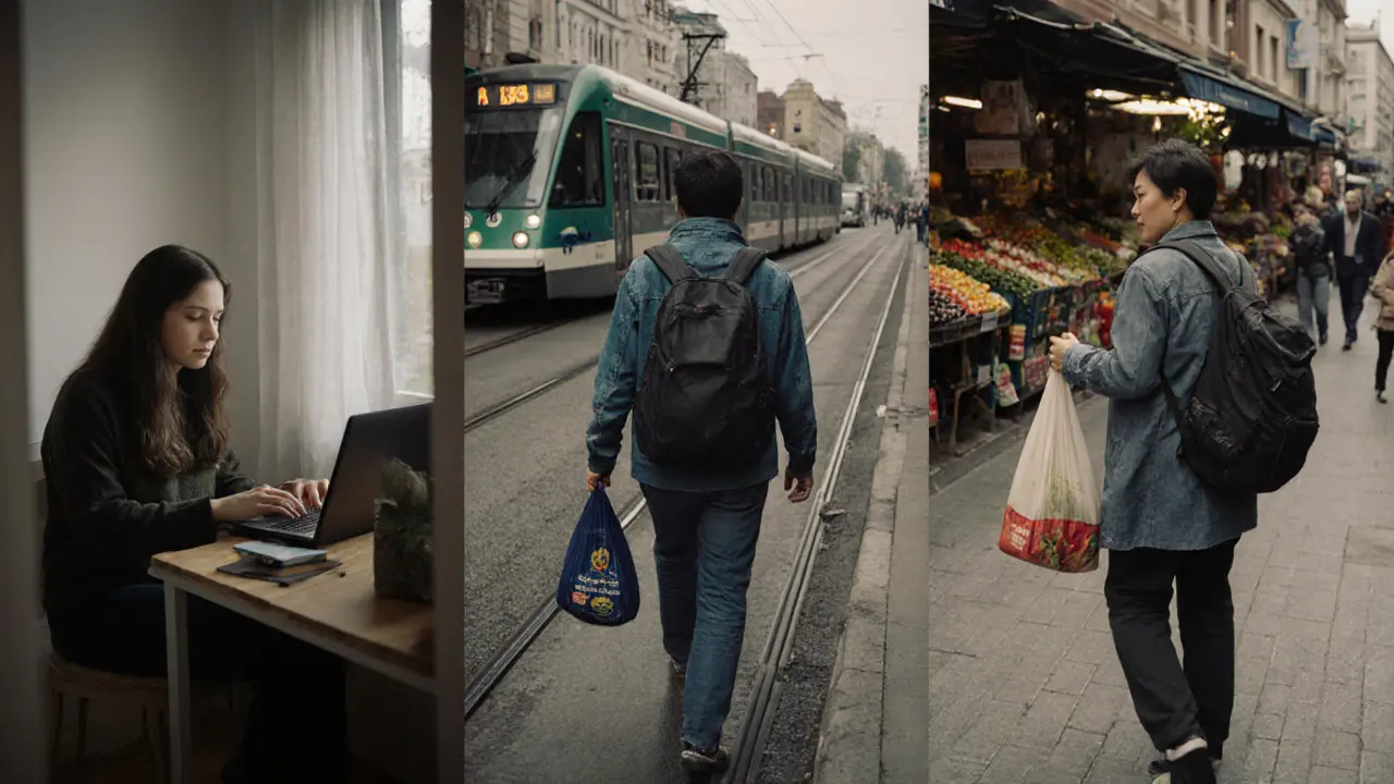 Diverse international individuals going about everyday life in Berlin—walking, shopping, working in modest apartments.