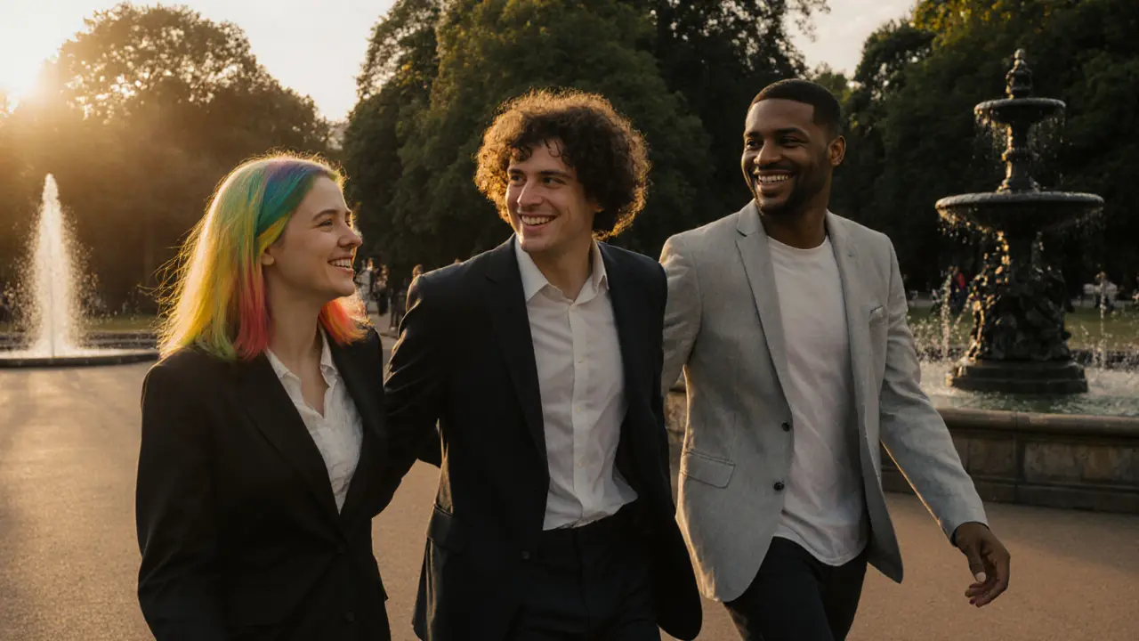 Diverse professionals and companions walking together through Hyde Park at sunset, embodying modern companionship.